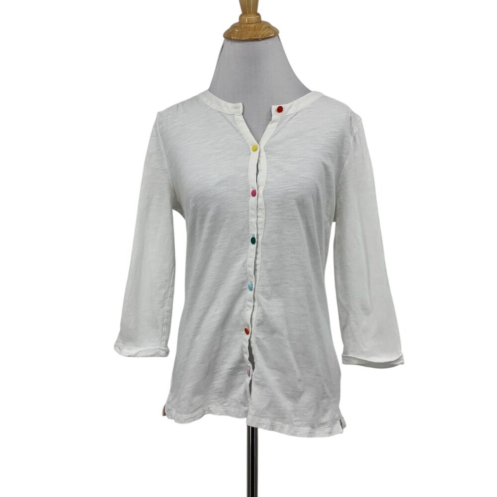 Boden Shirt Womens 6 White Button Front Quarter Sleeve Multi Color Buttons *READ